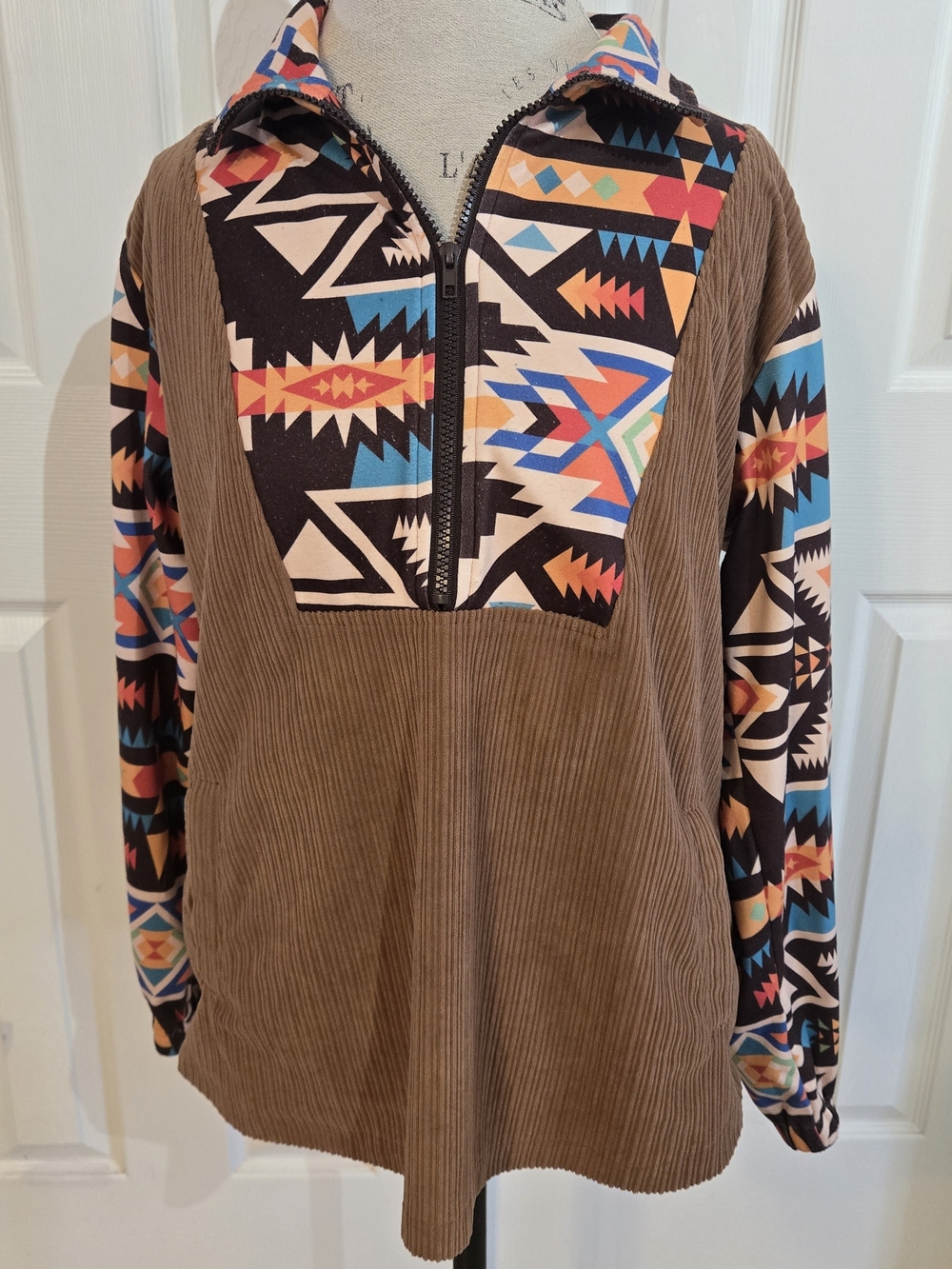 Boho Aztec Zip-Front Brown Corduroy Pullover Sweater